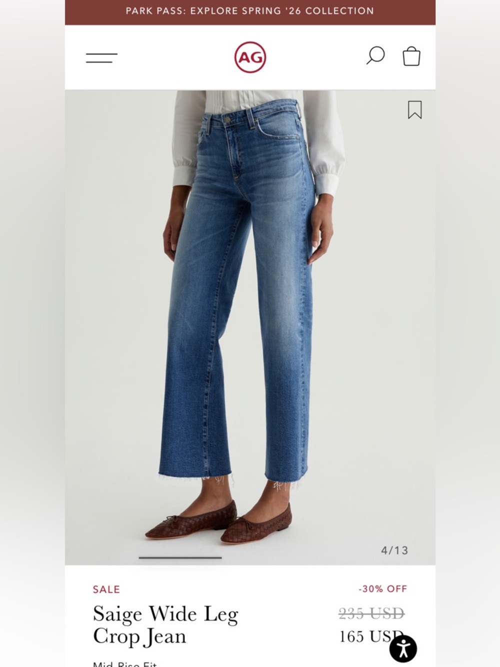 Ag Adriano Goldschmied Saige Wide-Leg Crop Jeans in Medium Blue — size 28